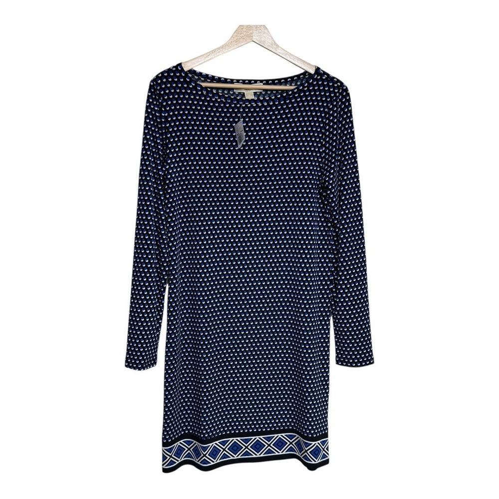 Michael Kors Women's Blue Geometric Print‎ Long Sleeve Shift Dress Size M - Picture 2 of 8